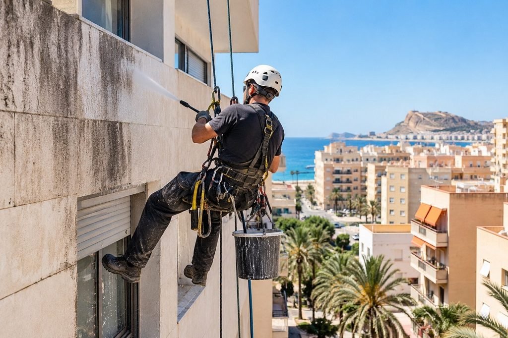 Limpieza de Fachadas en Alicante - Verticalero 1 Limpieza de fachadas en Alicante mediante trabajos verticales y acceso por cuerda